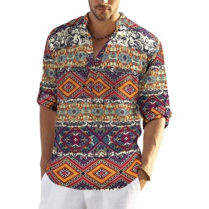 image:imageCOOFANDY Mens Cotton Linen Henley TShirt Long Sleeve Hippie Casual Beach TShirtsGeometric