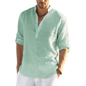 image:imageCOOFANDY Mens Cotton Linen Henley TShirt Long Sleeve Hippie Casual Beach TShirtsGreen