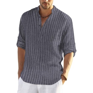 image:imageCOOFANDY Mens Cotton Linen Henley TShirt Long Sleeve Hippie Casual Beach TShirtsNavy Striped
