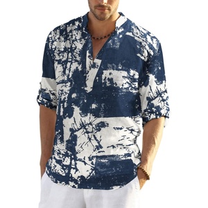 image:imageCOOFANDY Mens Cotton Linen Henley TShirt Long Sleeve Hippie Casual Beach TShirtsNavy Tiedye