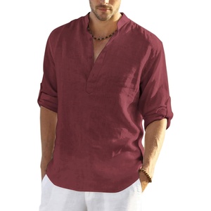 image:imageCOOFANDY Mens Cotton Linen Henley TShirt Long Sleeve Hippie Casual Beach TShirtsWine Red