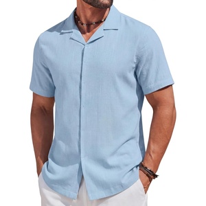 image:imageCOOFANDY Mens Cotton Shirts Short Sleeve Button Down Shirts Casual Beach Summer Cuban Collar ShirtLight Blue