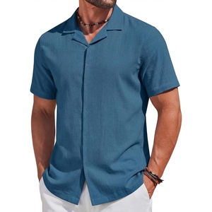 image:imageCOOFANDY Mens Cotton Shirts Short Sleeve Button Down Shirts Casual Beach Summer Cuban Collar ShirtNavy Blue