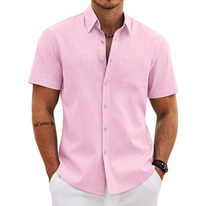 image:imageCOOFANDY Mens Button Down Short Sleeve Shirt Casual Cotton Summer Beach Wedding Linen Shirts with PocketLight Pink