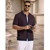 image:imageCOOFANDY Mens Knit Button Down Shirts Short Sleeve Polo Shirt Vintage Striped Casual ShirtsNavy Blue Brown