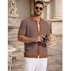 image:imageCOOFANDY Mens Knit Button Down Shirts Short Sleeve Polo Shirt Vintage Striped Casual ShirtsTan Misty Blue