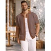 image:imageCOOFANDY Mens Knit Button Down Shirts Short Sleeve Polo Shirt Vintage Striped Casual ShirtsTan Misty Blue