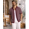 image:imageCOOFANDY Mens Knit Button Down Shirts Short Sleeve Polo Shirt Vintage Striped Casual ShirtsWine Red Beige