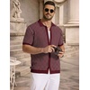 image:imageCOOFANDY Mens Knit Button Down Shirts Short Sleeve Polo Shirt Vintage Striped Casual ShirtsWine Red Beige