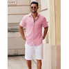 image:imageCOOFANDY Mens Button Down Short Sleeve Shirt Casual Cotton Summer Beach Linen Wedding Shirts with PocketPink