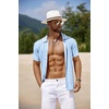 image:imageCOOFANDY Mens Knit Short Sleeve Shirts Button Down Vintage Knitted Polo Shirt Casual Beach Crochet Cable Vacation ShirtLight Bluewhite