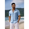 image:imageCOOFANDY Mens Knit Short Sleeve Shirts Button Down Vintage Knitted Polo Shirt Casual Beach Crochet Cable Vacation ShirtLight Bluewhite