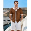 image:imageCOOFANDY Mens Knit Short Sleeve Shirts Button Down Vintage Knitted Polo Shirt Casual Beach Crochet Cable Vacation ShirtWhitelight Brown