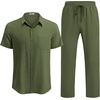 image:imageCOOFANDY Mens Linen Sets 2 Piece Beach Outfit Casual Short Sleeve Button Down Shirts Loose Pants Summer Vacation OutfitsArmy Green