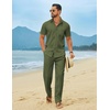 image:imageCOOFANDY Mens Linen Sets 2 Piece Beach Outfit Casual Short Sleeve Button Down Shirts Loose Pants Summer Vacation OutfitsArmy Green