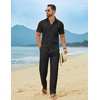image:imageCOOFANDY Mens Linen Sets 2 Piece Beach Outfit Casual Short Sleeve Button Down Shirts Loose Pants Summer Vacation OutfitsBlack