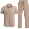 image:imageCOOFANDY Mens Linen Sets 2 Piece Beach Outfit Casual Short Sleeve Button Down Shirts Loose Pants Summer Vacation OutfitsKhaki