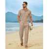 image:imageCOOFANDY Mens Linen Sets 2 Piece Beach Outfit Casual Short Sleeve Button Down Shirts Loose Pants Summer Vacation OutfitsKhaki