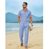 image:imageCOOFANDY Mens Linen Sets 2 Piece Beach Outfit Casual Short Sleeve Button Down Shirts Loose Pants Summer Vacation OutfitsLight Blue