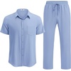 image:imageCOOFANDY Mens Linen Sets 2 Piece Beach Outfit Casual Short Sleeve Button Down Shirts Loose Pants Summer Vacation OutfitsLight Blue