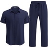 image:imageCOOFANDY Mens Linen Sets 2 Piece Beach Outfit Casual Short Sleeve Button Down Shirts Loose Pants Summer Vacation OutfitsNavy Blue