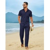 image:imageCOOFANDY Mens Linen Sets 2 Piece Beach Outfit Casual Short Sleeve Button Down Shirts Loose Pants Summer Vacation OutfitsNavy Blue