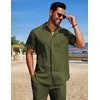 image:imageCOOFANDY Mens Summer Beach Outfits 2 Piece Short Sets Shirts and Shorts Vacation Texture Linen Sets for MenArmy Green