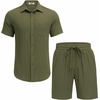 image:imageCOOFANDY Mens Summer Beach Outfits 2 Piece Short Sets Shirts and Shorts Vacation Texture Linen Sets for MenArmy Green