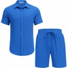 image:imageCOOFANDY Mens Summer Beach Outfits 2 Piece Short Sets Shirts and Shorts Vacation Texture Linen Sets for MenBlue