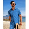 image:imageCOOFANDY Mens Summer Beach Outfits 2 Piece Short Sets Shirts and Shorts Vacation Texture Linen Sets for MenBlue