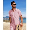 image:imageCOOFANDY Mens Summer Beach Outfits 2 Piece Short Sets Shirts and Shorts Vacation Texture Linen Sets for MenDark Pink