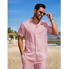 image:imageCOOFANDY Mens Summer Beach Outfits 2 Piece Short Sets Shirts and Shorts Vacation Texture Linen Sets for MenDark Pink