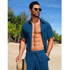 image:imageCOOFANDY Mens Summer Beach Outfits 2 Piece Short Sets Shirts and Shorts Vacation Texture Linen Sets for MenDeep Blue