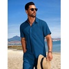image:imageCOOFANDY Mens Summer Beach Outfits 2 Piece Short Sets Shirts and Shorts Vacation Texture Linen Sets for MenDeep Blue