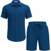 image:imageCOOFANDY Mens Summer Beach Outfits 2 Piece Short Sets Shirts and Shorts Vacation Texture Linen Sets for MenDeep Blue