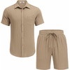 image:imageCOOFANDY Mens Summer Beach Outfits 2 Piece Short Sets Shirts and Shorts Vacation Texture Linen Sets for MenKhaki