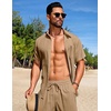 image:imageCOOFANDY Mens Summer Beach Outfits 2 Piece Short Sets Shirts and Shorts Vacation Texture Linen Sets for MenKhaki