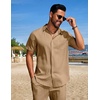 image:imageCOOFANDY Mens Summer Beach Outfits 2 Piece Short Sets Shirts and Shorts Vacation Texture Linen Sets for MenKhaki