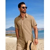image:imageCOOFANDY Mens Summer Beach Outfits 2 Piece Short Sets Shirts and Shorts Vacation Texture Linen Sets for MenKhaki