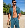 image:imageCOOFANDY Mens Summer Beach Outfits 2 Piece Short Sets Shirts and Shorts Vacation Texture Linen Sets for MenLake Green