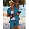 image:imageCOOFANDY Mens Summer Beach Outfits 2 Piece Short Sets Shirts and Shorts Vacation Texture Linen Sets for MenLake Green