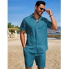 image:imageCOOFANDY Mens Summer Beach Outfits 2 Piece Short Sets Shirts and Shorts Vacation Texture Linen Sets for MenLake Green
