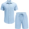 image:imageCOOFANDY Mens Summer Beach Outfits 2 Piece Short Sets Shirts and Shorts Vacation Texture Linen Sets for MenLight Blue