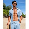 image:imageCOOFANDY Mens Summer Beach Outfits 2 Piece Short Sets Shirts and Shorts Vacation Texture Linen Sets for MenLight Blue
