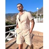 image:imageCOOFANDY Mens Summer Beach Outfits 2 Piece Short Sets Shirts and Shorts Vacation Texture Linen Sets for MenLight Brown
