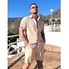 image:imageCOOFANDY Mens Summer Beach Outfits 2 Piece Short Sets Shirts and Shorts Vacation Texture Linen Sets for MenLight Brown