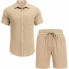 image:imageCOOFANDY Mens Summer Beach Outfits 2 Piece Short Sets Shirts and Shorts Vacation Texture Linen Sets for MenLight Brown