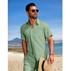 image:imageCOOFANDY Mens Summer Beach Outfits 2 Piece Short Sets Shirts and Shorts Vacation Texture Linen Sets for MenLight Green