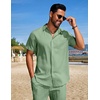 image:imageCOOFANDY Mens Summer Beach Outfits 2 Piece Short Sets Shirts and Shorts Vacation Texture Linen Sets for MenLight Green