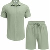 image:imageCOOFANDY Mens Summer Beach Outfits 2 Piece Short Sets Shirts and Shorts Vacation Texture Linen Sets for MenLight Green